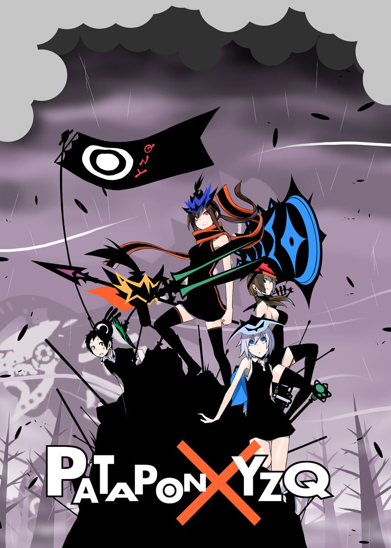 yasuda suzuhito, hiizumi akina, isone kotoha, nanami ao, yarizakura hime, patapon, yozakura quartet, official art, 1boy, breasts, closed mouth, crossover, long hair, multiple girls, scarf, short hair, skirt, thighhighs, twintails