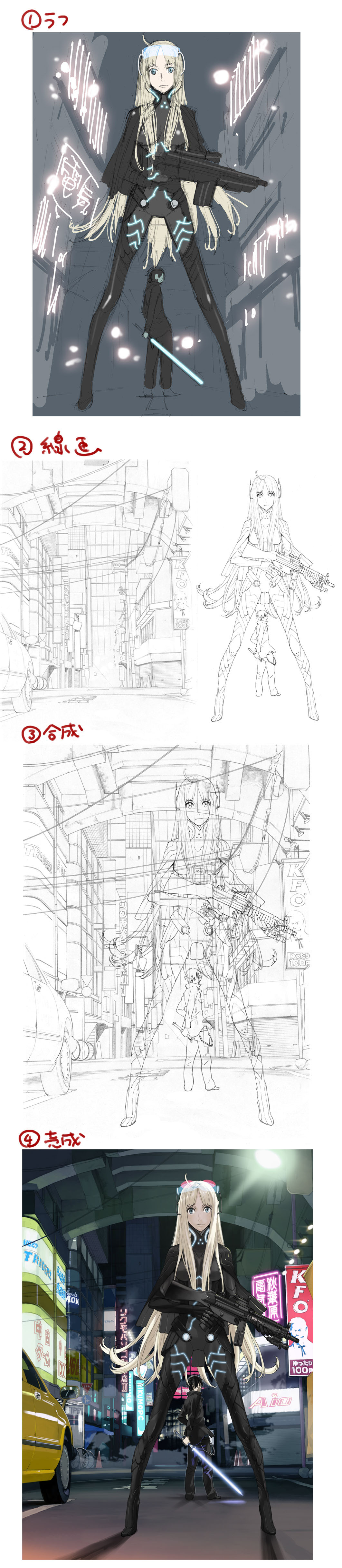 kozaki yuusuke, karasuma kyouko no jikenbo, kfc, original, absurdres, highres, jpeg artifacts, long image, making-of available, tall image, ahoge, blonde hair, bodysuit, city, energy sword, gun, lineart, long hair, looking back, monochrome, sketch, standing, sword, weapon