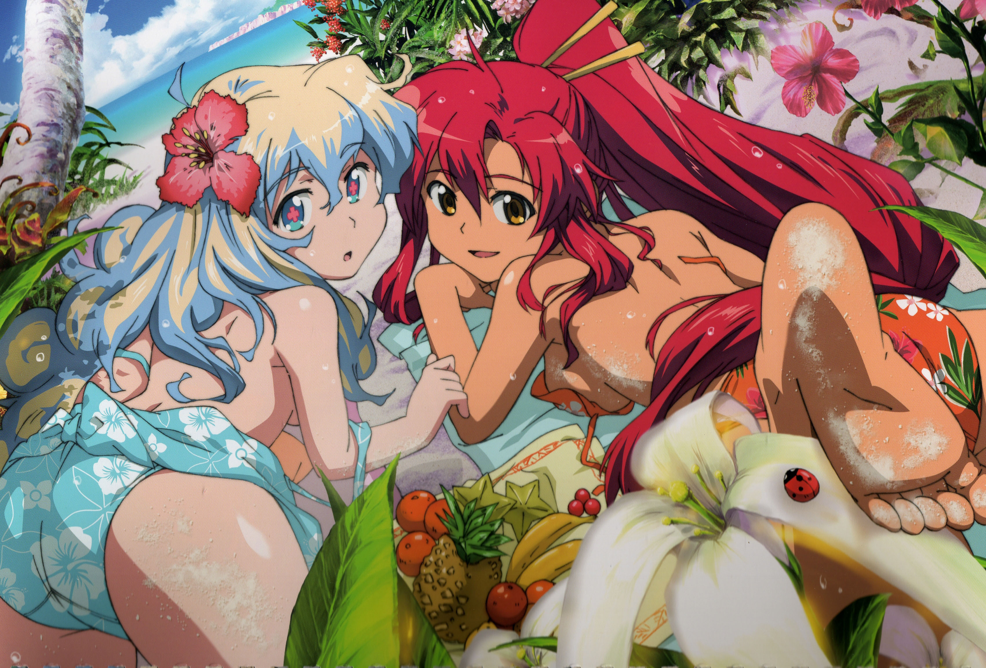 nia teppelin, yoko littner, tengen toppa gurren lagann, absurdres, highres, official art, scan, 00s, 2girls, ass, barefoot, beach, bikini, blue eyes, blue hair, breasts, bug, day, feet, floral print, flower, hibiscus, insect, ladybug, long hair, looking back, multicolored hair, multiple girls, ponytail, red hair, sand, sideboob, smile, swimsuit, topfreedom, topless female, untied bikini, very long hair, yellow eyes