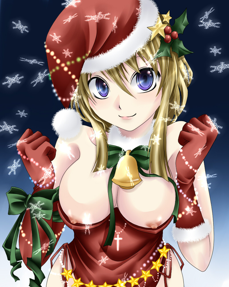 hal (goshujinomocha), hal (haruna), agrias oaks, final fantasy, final fantasy tactics, 1girl, bare shoulders, bell, blonde hair, blue eyes, breasts, christmas, elbow gloves, female focus, gloves, hat, long hair, nipples, red gloves, santa costume, santa hat, smile, snowflakes, solo
