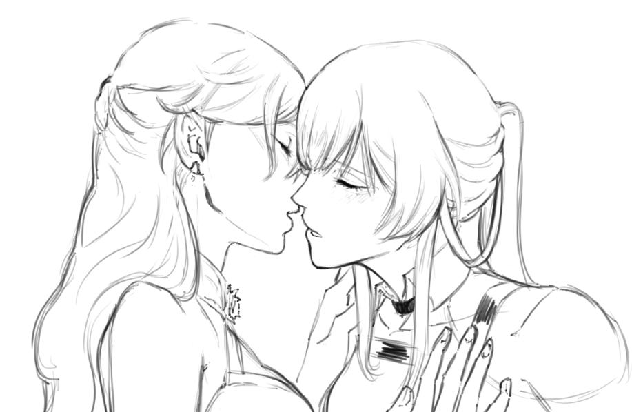 setima 7c, himeko (honkai: star rail), kafka (honkai: star rail), honkai: star rail, honkai (series), commentary, 2girls, closed eyes, earrings, greyscale, hand on another's shoulder, imminent kiss, jewelry, long hair, monochrome, multiple girls, parted lips, ponytail, yuri