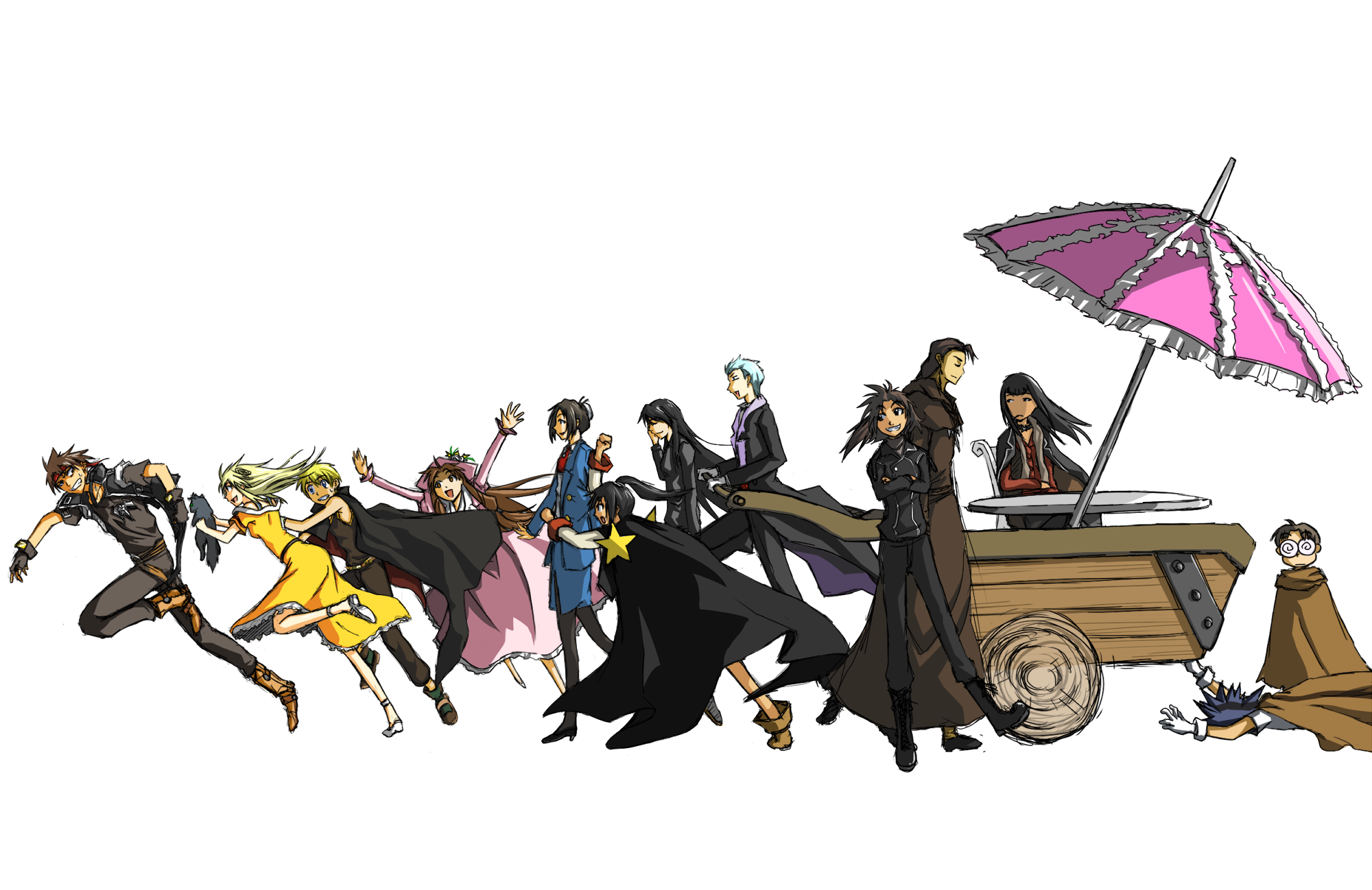 yuuki (yuuki333), azalie cait sith, bonnie magee, childman powderfield, cleo everlastin, constance magee, dorothy magee-hauser, dortin, keith royal, lathi curti, leki, majic lin, orphen, volkan, majutsushi orphen, highres, 6+boys, 6+girls, black hair, blonde hair, cart, dress, glasses, long hair, multiple boys, multiple girls, pantyhose, running