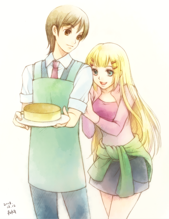 fuka, fuka (pixiv), fuuka (fukasheu), louise halevy, saji crossroad, gundam, gundam 00, 00s, 1boy, 1girl, :d, blonde hair, blue eyes, brown eyes, brown hair, cake, clothed female nude male, collared shirt, food, long hair, long sleeves, necktie, nude, open mouth, pants, plate, red necktie, shirt, smile, very long hair, vest