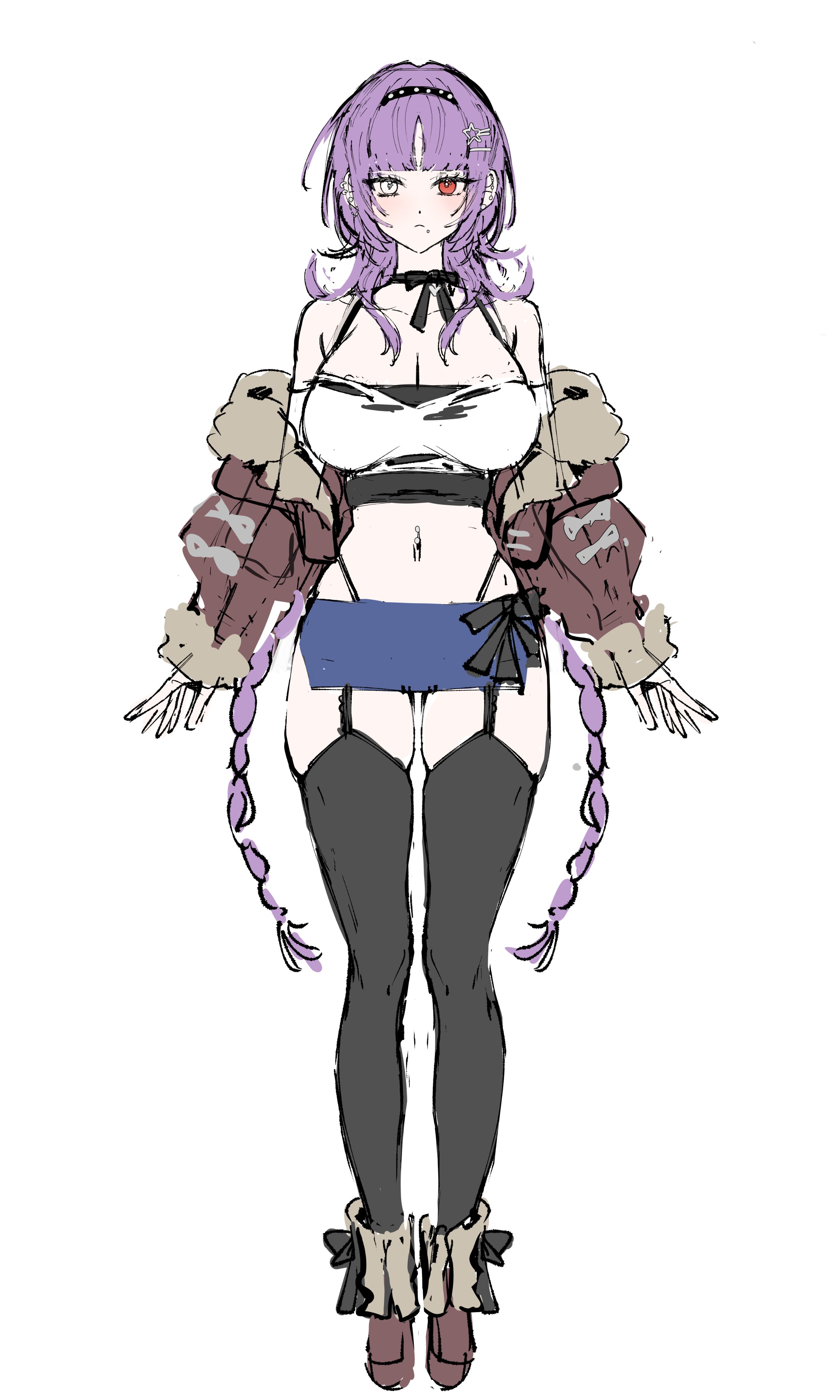 someang, vin (someang), original, absurdres, highres, 1girl, bare shoulders, black choker, black thighhighs, blue skirt, blunt bangs, boots, braid, breasts, brown boots, brown jacket, choker, cleavage, crop top, face piercing, full body, garter straps, hair ornament, hairband, hairclip, highleg, jacket, large breasts, long hair, looking at viewer, midriff, miniskirt, mouth piercing, navel, off shoulder, panty straps, piercing, purple hair, red eyes, ribbon choker, shirt, side slit, simple background, skindentation, skirt, sleeveless, sleeveless shirt, solo, spaghetti strap, stomach, thighhighs, torn clothes, torn shirt, twin braids, undershirt, very long hair, white background, white eyes, white shirt, zettai ryouiki