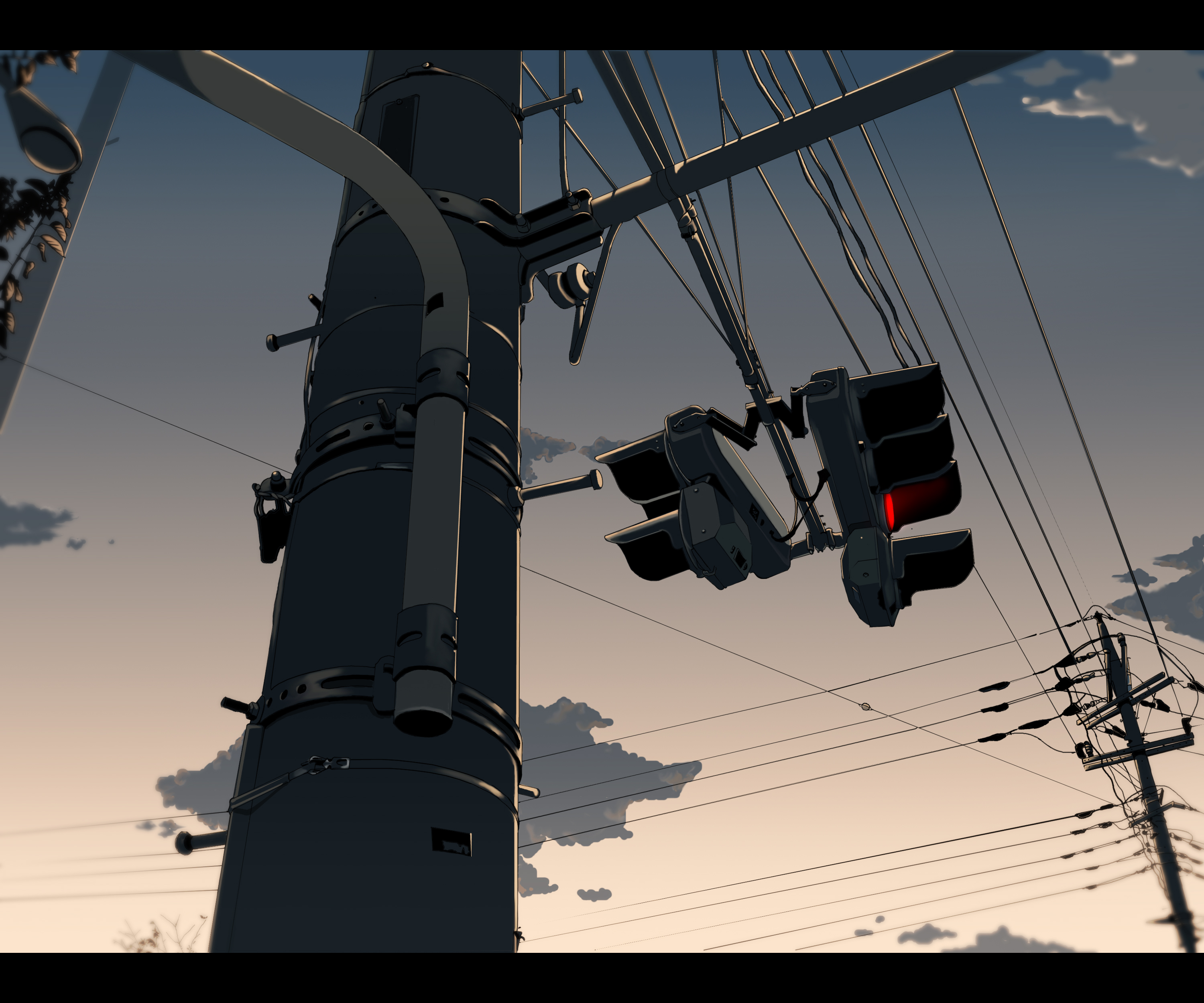 nyororo, ushisuke, original, absurdres, bad id, bad pixiv id, highres, cloud, dusk, letterboxed, no humans, power lines, scenery, sky, traffic light