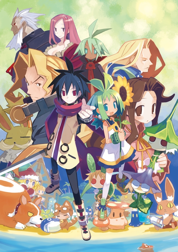 harada takehito, archer (disgaea), ash (phantom brave), carona, carona (phantom brave), castille, castille (phantom brave), eringya (disgaea), eringya (marl kingdom), fusionist (phantom brave), hell corgi (phantom brave), hell kitty, malt (phantom brave), marona (phantom brave), prinny, putty, putty (phantom brave), raphael (phantom brave), saber kitty, sprout (phantom brave), walnut (character), walnut (phantom brave), witch (phantom brave), marl kingdom, nippon ichi, phantom brave, official art, 4boys, 6+girls, bottle, flower, glasses, grass, monster, multiple boys, multiple girls, mushroom, polearm, saber kitty (disgaea)sienna (phantom brave), spear, sword, weapon