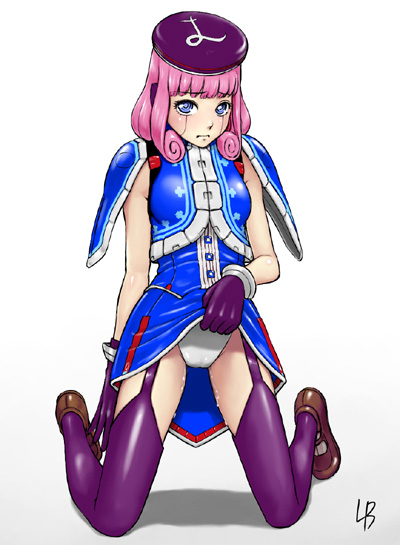 lb, lou, lou (phantasy star), phantasy star, phantasy star universe, 1girl, android, blue eyes, blue skirt, cameltoe, clothes lift, curly hair, cyborg, embarrassed, female focus, frown, full body, garter straps, gloves, hat, kneeling, looking at viewer, panties, pink hair, purple thighhighs, pussy juice, robot ears, shoes, short hair, shoulder pads, signature, simple background, skirt, skirt lift, skirt set, sleeveless, solo, thighhighs, underwear, upskirt, white background, white panties