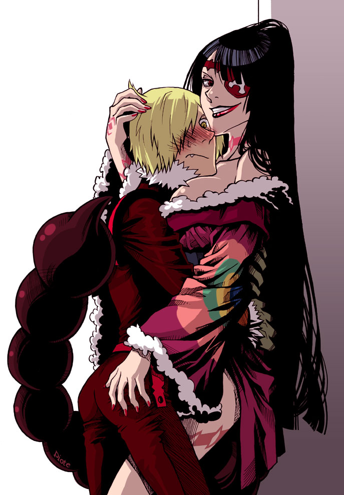 piote, adiane, viral (ttgl), tengen toppa gurren lagann, ass grab, 00s, 1boy, 1girl, ass, blonde hair, blue hair, blush, breasts, cleavage, couple, dress, eyepatch, fang, femdom, grin, hetero, hug, large breasts, long hair, scorpion tail, smile, tail, tattoo, very long hair