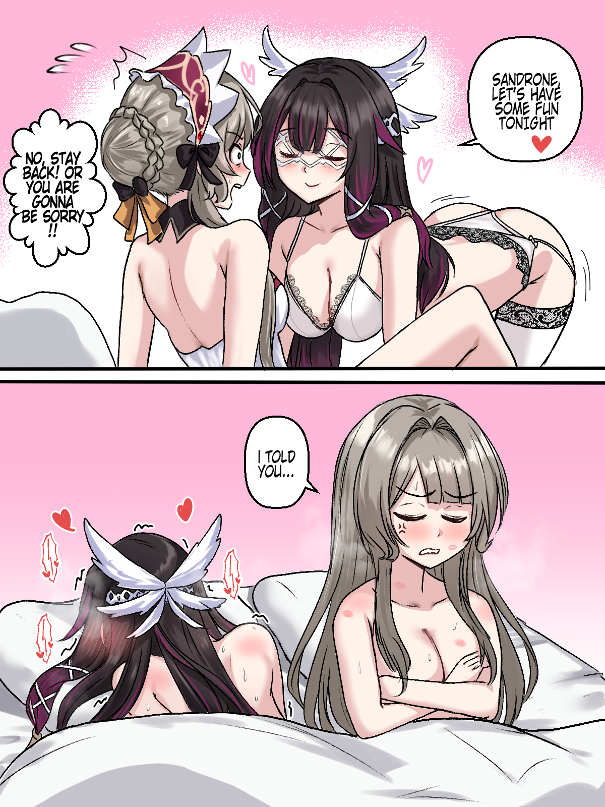 ecchinoidea, columbina (genshin impact), sandrone (genshin impact), genshin impact, commentary, english commentary, highres, 2girls, aftersex, anger vein, bare arms, black hair, blush, bra, breasts, cleavage, closed eyes, closed mouth, crossed arms, grey hair, heart, hickey, large breasts, long hair, multiple girls, open mouth, panties, purple streaks, speech bubble, thighhighs, under covers, underwear, white bra, white panties, white thighhighs, yuri