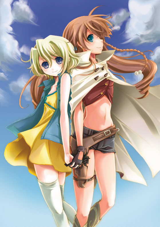 tokitsukaze otoha, ellis, ellis (el cazador de la bruja), nadie, el cazador de la bruja, 00s, 2girls, blonde hair, blue eyes, cape, gloves, gun, long hair, midriff, multiple girls, red hair, short hair, shorts, thighhighs, weapon