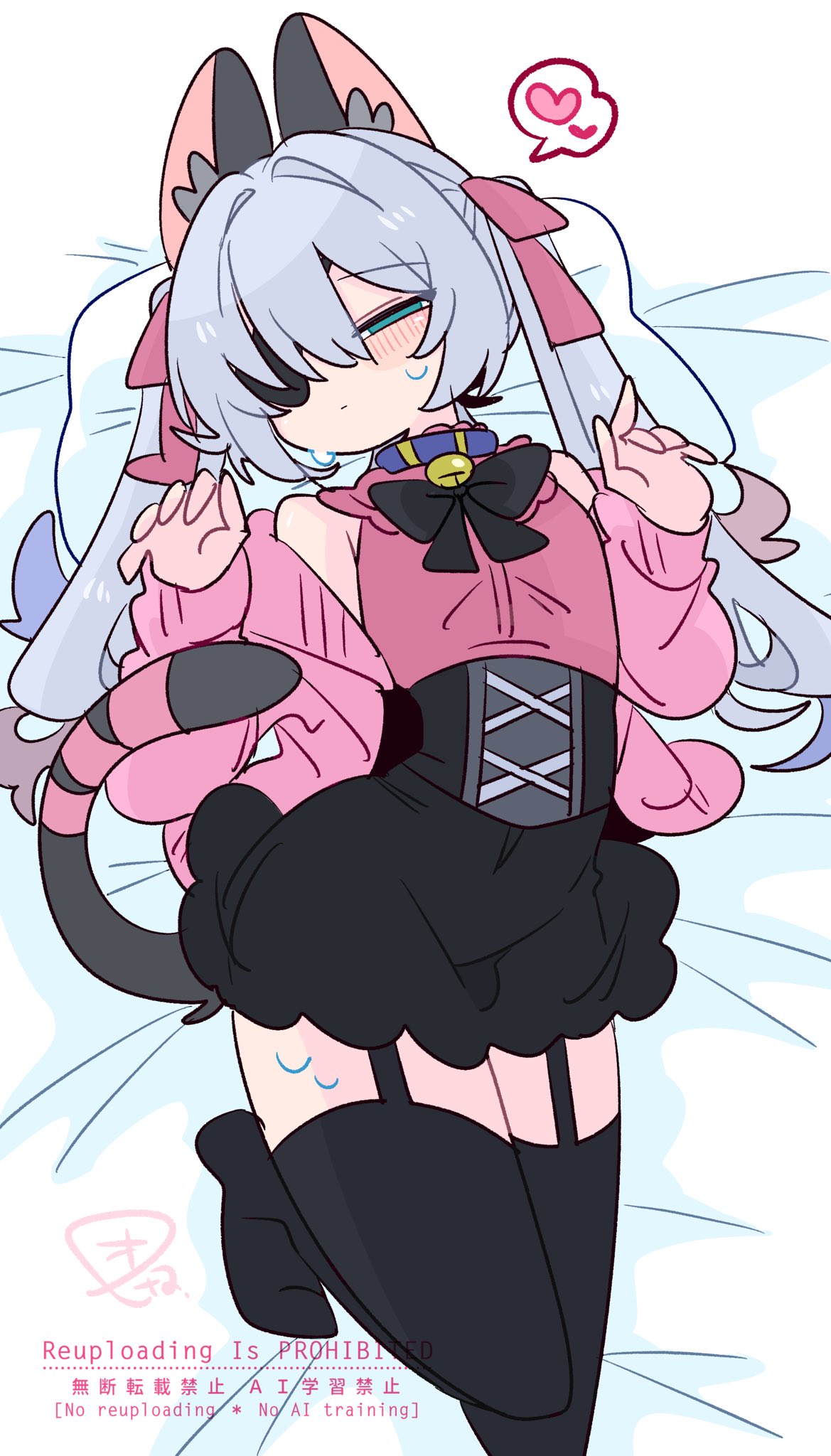 op na yarou, original, commentary, highres, 1boy, animal ear fluff, animal ears, bare shoulders, bell, black bow, black bowtie, black corset, black skirt, black thighhighs, blue collar, blue eyes, blue hair, blush, bow, bowtie, bulge, cardigan, cat boy, cat ears, cat tail, closed mouth, collar, colored tips, corset, crossdressing, crossdressing (mtf), eyepatch, flipped hair, foot out of frame, frilled collar, frills, full body, garter straps, grey tail, hair between eyes, hair bow, hair intakes, hands up, heart, long hair, long sleeves, lying, male focus, multicolored hair, narrowed eyes, neck bell, no nose, no shoes, off shoulder, on back, one eye covered, open cardigan, open clothes, parted bangs, pillow, pink bow, pink cardigan, pink ribbon, pink shirt, quad tails, red hair, ribbon, rigel (op na yarou), see-through clothes, see-through skirt, shirt, sidelocks, simple background, skirt, sleeveless, sleeveless shirt, solo, speech bubble, spoken heart, straight hair, sweat, tail, tail ornament, tail ribbon, thighhighs, thighs, trap, watermark, white background, white hair