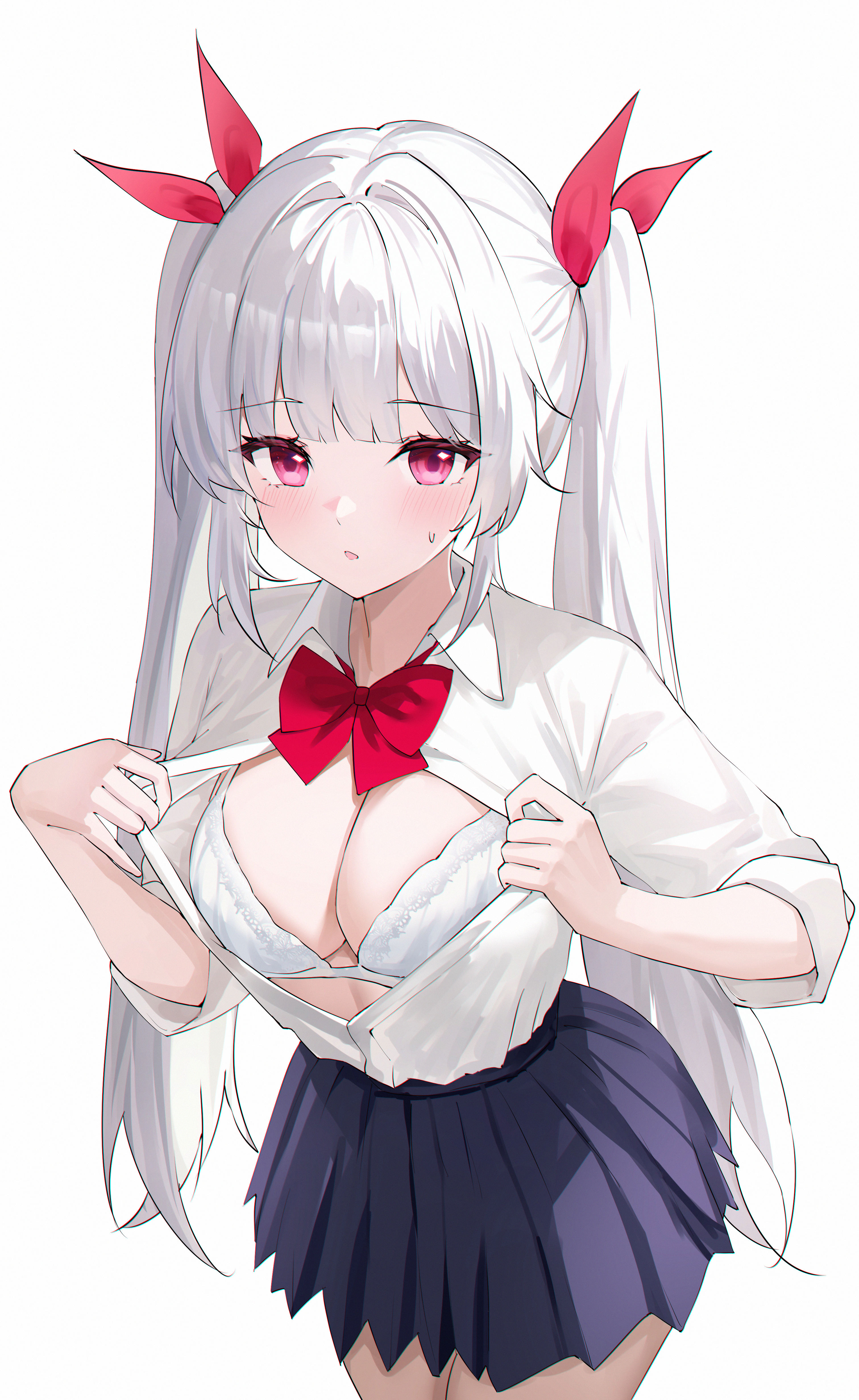 usagi (786113654), original, absurdres, commentary, highres, 1girl, black skirt, blunt bangs, blush, bow, bowtie, bra, breasts, cleavage, clothes pull, collared shirt, hair intakes, hair ribbon, large breasts, long hair, looking at viewer, open clothes, open shirt, opened by self, parted lips, pink eyes, pink ribbon, pleated skirt, red bow, red bowtie, ribbon, shirt, shirt tucked in, sidelocks, simple background, skirt, solo, standing, sweatdrop, thighs, twintails, underwear, very long hair, white background, white bra, white hair, white shirt