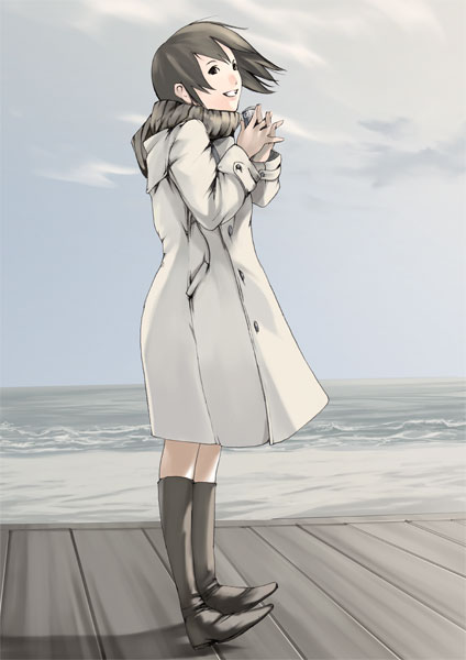 hanaosutarou, 1girl, black boots, black hair, boots, cloud, cloudy sky, coat, female focus, grin, happy, holding, knee boots, long sleeves, ocean, scarf, shadow, short hair, sky, smile, solo, standing, white coat, wind