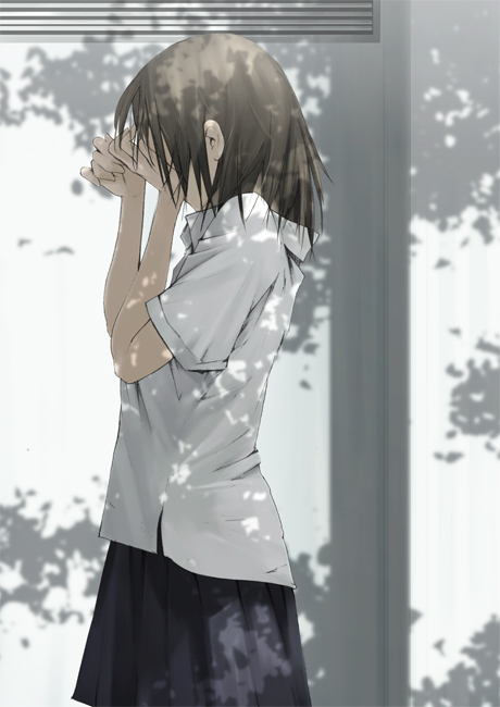 hanaosutarou, original, wall, 1girl, brown hair, covering face, covering privates, crying, dappled sunlight, female focus, profile, rubbing eyes, school uniform, shade, shadow, short hair, skirt, solo, sunlight, tears, tree, tree shade, untucked, wiping tears