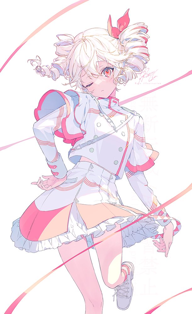 reia, kasane teto, kasane teto (sv), synthesizer v, utau, commentary, 1girl, alternate color, alternate hair color, belt, buttons, closed mouth, double-breasted, double-parted bangs, drill hair, fingernails, frown, hair between eyes, hair ribbon, hand on own hip, jacket, layered sleeves, long sleeves, midriff peek, one eye closed, pink eyes, pink ribbon, pink socks, pink trim, ribbon, shoes, short over long sleeves, short sleeves, shoulder belt, signature, skirt, skirt set, sleeve cuffs, socks, twin drills, white background, white belt, white hair, white jacket, white shoes, white skirt