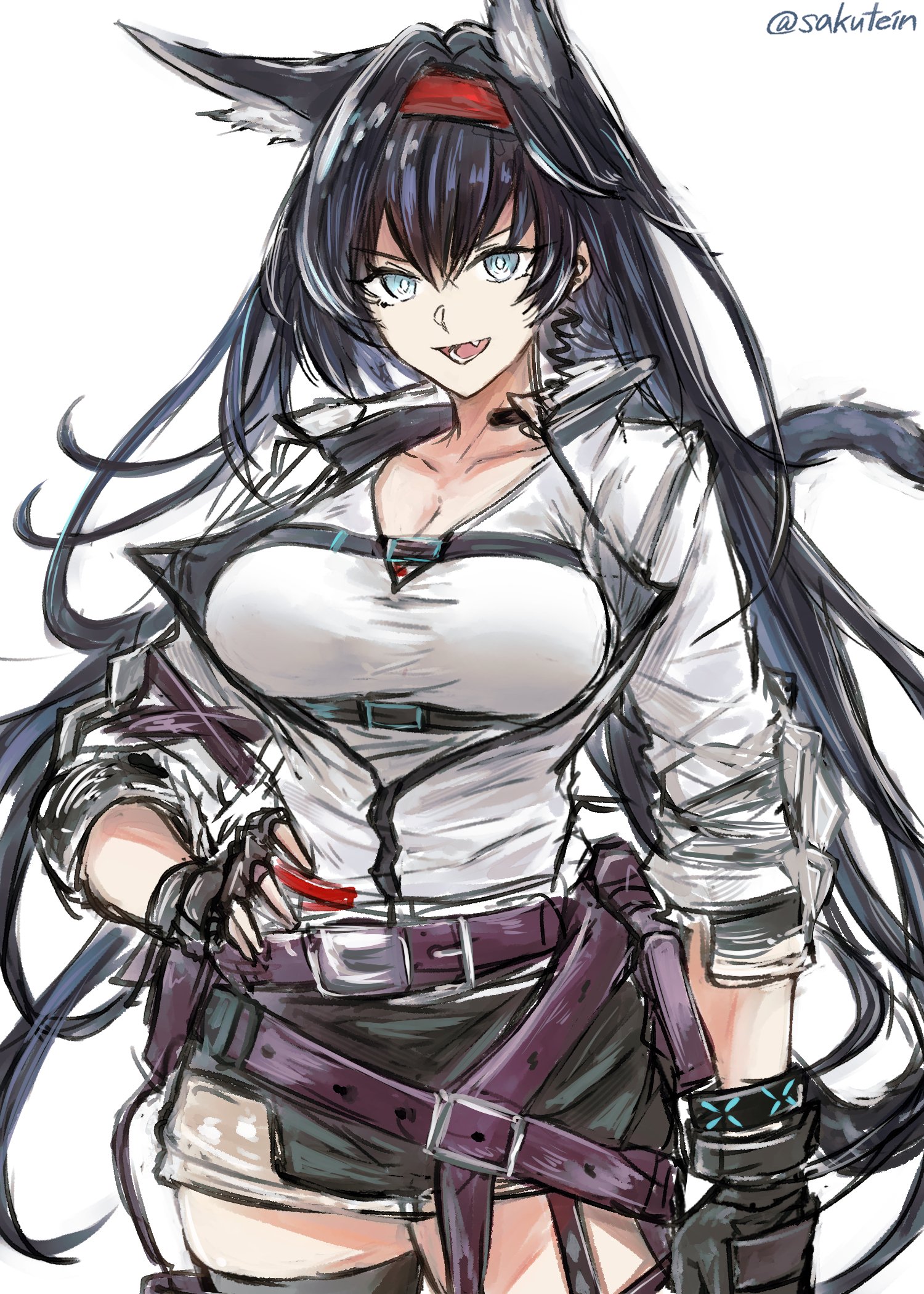 sakutein oekaki, blaze (arknights), infection monitor (arknights), arknights, commentary, highres, 1girl, animal ears, belt, belt buckle, black gloves, black hair, black thighhighs, blue eyes, breasts, bright pupils, buckle, cleavage, collarbone, cowboy shot, fang, fingerless gloves, gloves, hair between eyes, hairband, hand on own hip, long hair, medium breasts, purple belt, red hairband, shirt, simple background, sketch, sleeves pushed up, solo, standing, thighhighs, twitter username, white background, white pupils, white shirt