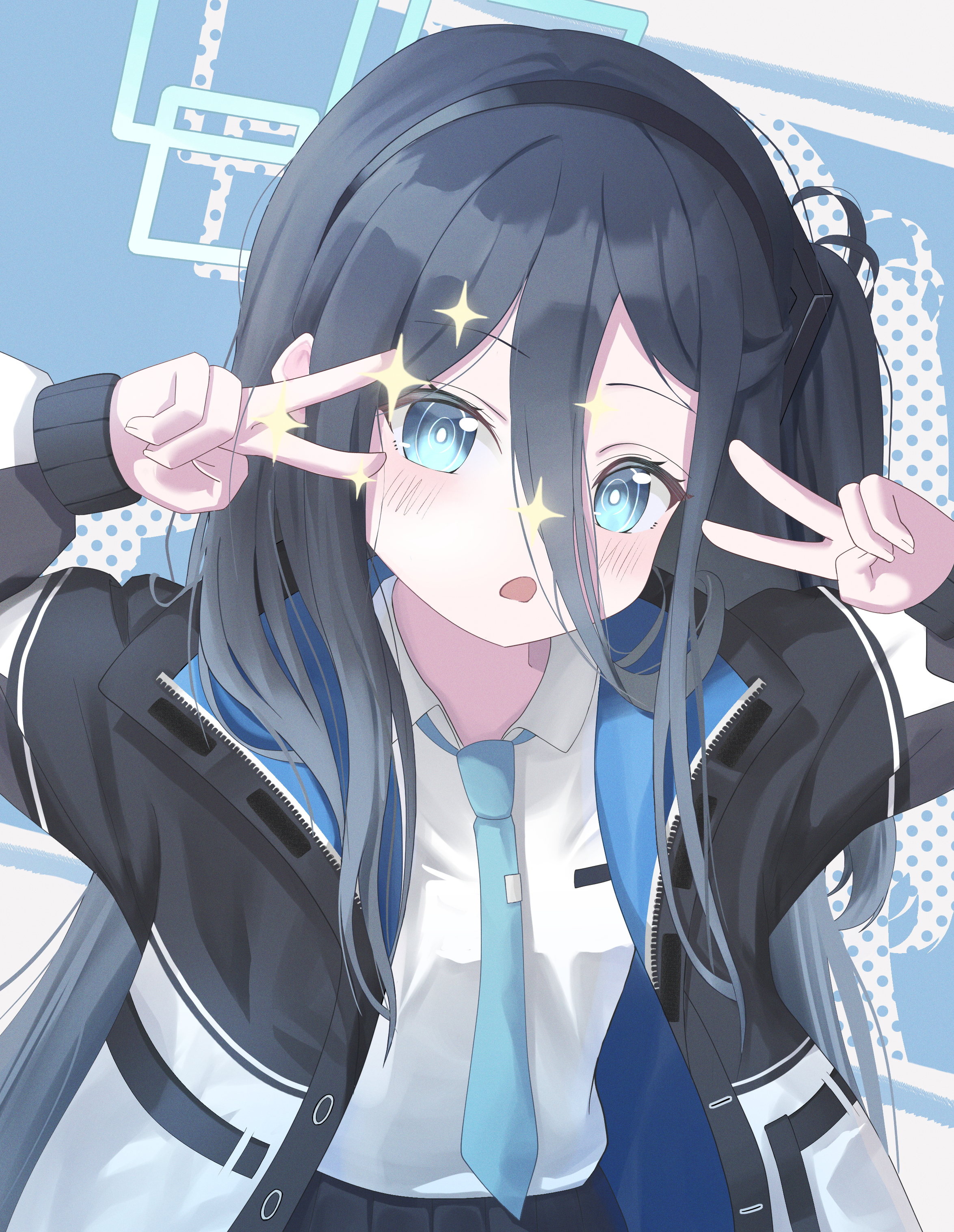 tagi (dltjdgh2010), aris (blue archive), blue archive, absurdres, commentary, highres, 1girl, aqua eyes, aqua halo, black hair, black jacket, black skirt, blue background, blue jacket, blue necktie, blush, breasts, bright pupils, collared shirt, double-parted bangs, double v, drop shadow, hair between eyes, halo, hands up, jacket, long bangs, long hair, long hair between eyes, long sidelocks, long sleeves, looking at viewer, multicolored jacket, necktie, one side up, open clothes, open jacket, open mouth, pleated skirt, polka dot, polka dot background, polka dot shadow, puffy long sleeves, puffy sleeves, rectangular halo, ringed eyes, school uniform, shirt, sidelocks, skirt, small breasts, solo, sparkle, tie clip, two-sided fabric, two-sided jacket, two-tone background, upper body, v, v over eye, very long hair, white background, white jacket, white pupils, white shirt