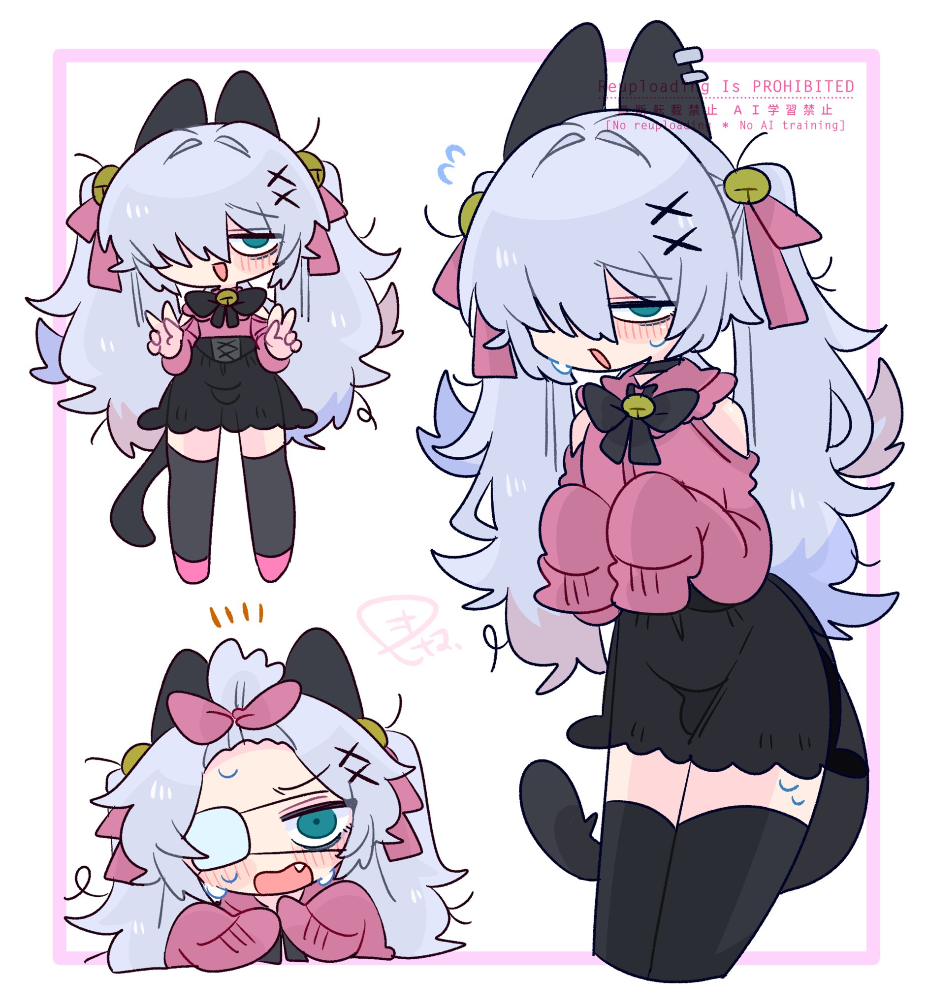 op na yarou, original, commentary, highres, 1boy, :d, animal ear piercing, animal ears, bare shoulders, bell, black bow, black bowtie, black choker, black corset, black skirt, black tail, black thighhighs, blue eyes, blue hair, blush, bow, bowtie, bulge, cat boy, cat ears, cat tail, choker, clothing cutout, colored tips, corset, cowboy shot, crossdressing, crossdressing (mtf), double v, eyepatch, fang, flipped hair, flying sweatdrops, forehead, full body, furrowed brow, hair bell, hair bow, hair intakes, hair ornament, hair over one eye, hair up, hands up, jitome, legs apart, legs together, long hair, long sleeves, looking at viewer, loose hair strand, male focus, medical eyepatch, messy hair, multicolored hair, multiple views, narrowed eyes, neck bell, no nose, one eye covered, open mouth, pink bow, pink shirt, pink shoes, portrait, quad tails, raised inner eyebrows, red hair, rigel (op na yarou), see-through clothes, see-through skirt, shirt, shoes, shoulder cutout, sidelocks, simple background, skirt, sleeves past fingers, sleeves past wrists, smile, standing, surprised, sweat, sweatdrop, tail, thighhighs, thighs, trap, v, watermark, wavy mouth, white background, white hair, x hair ornament