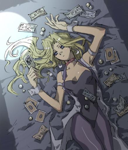 kujaku mai, yu-gi-oh!, yu-gi-oh! duel monsters, yuu-gi-ou, jpeg artifacts, 1girl, bed, blonde hair, blue eyes, breasts, card, choker, dress, earrings, female focus, hoop earrings, jewelry, leotard, long hair, lying, moon, on back, pantyhose, purple eyes, solo
