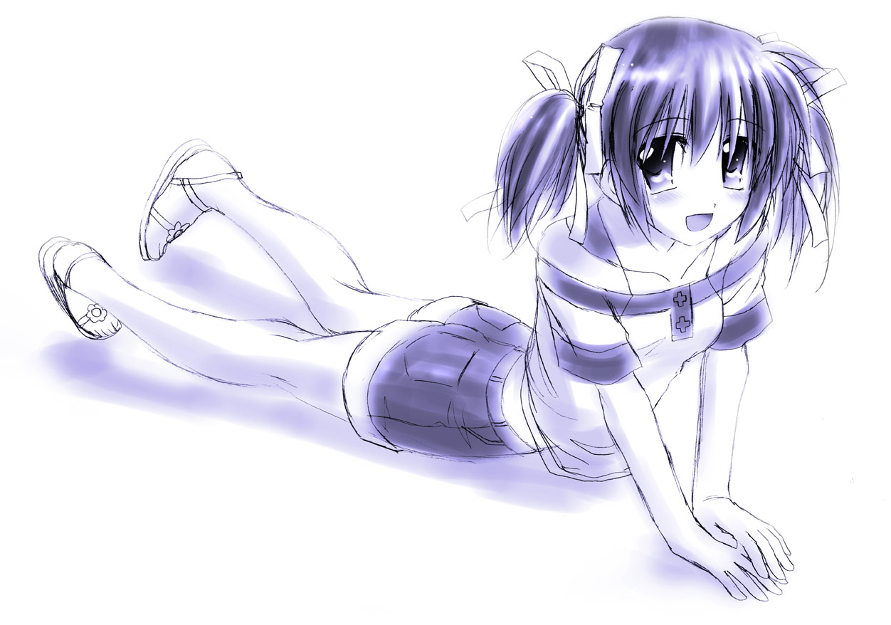 otoki raku, sunohara mei, clannad, 00s, 1girl, female focus, hair ribbon, monochrome, purple theme, ribbon, sandals, sketch, solo, twintails