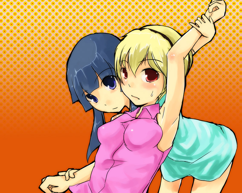 furude rika, houjou satoko, higurashi no naku koro ni, 00s, 2girls, armpits, blonde hair, blue eyes, blue hair, dress, green skirt, hairband, long hair, multiple girls, red eyes, shirt, short hair, skirt, sleeveless, sleeveless shirt, sweatdrop