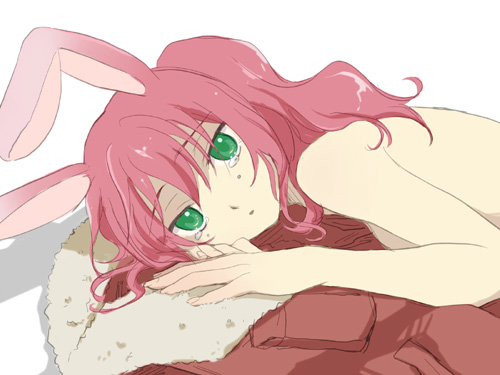 plum (arch), feldt grace, gundam, gundam 00, lowres, 00s, animal ears, green eyes, jacket, lying, pink hair, ponytail, rabbit ears, solo, tears