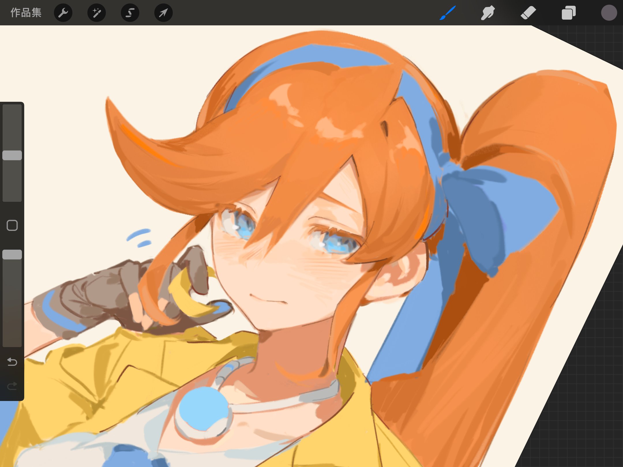 athena cykes, ace attorney, screencap, highres, 1girl, art program in frame, black gloves, blue bow, blue eyes, blue hairband, bow, bow hairband, closed mouth, crescent, crescent earrings, earrings, gloves, hair between eyes, hair bow, hairband, house3122, jewelry, long hair, looking at viewer, orange hair, partially fingerless gloves, side ponytail, single earring, solo, upper body