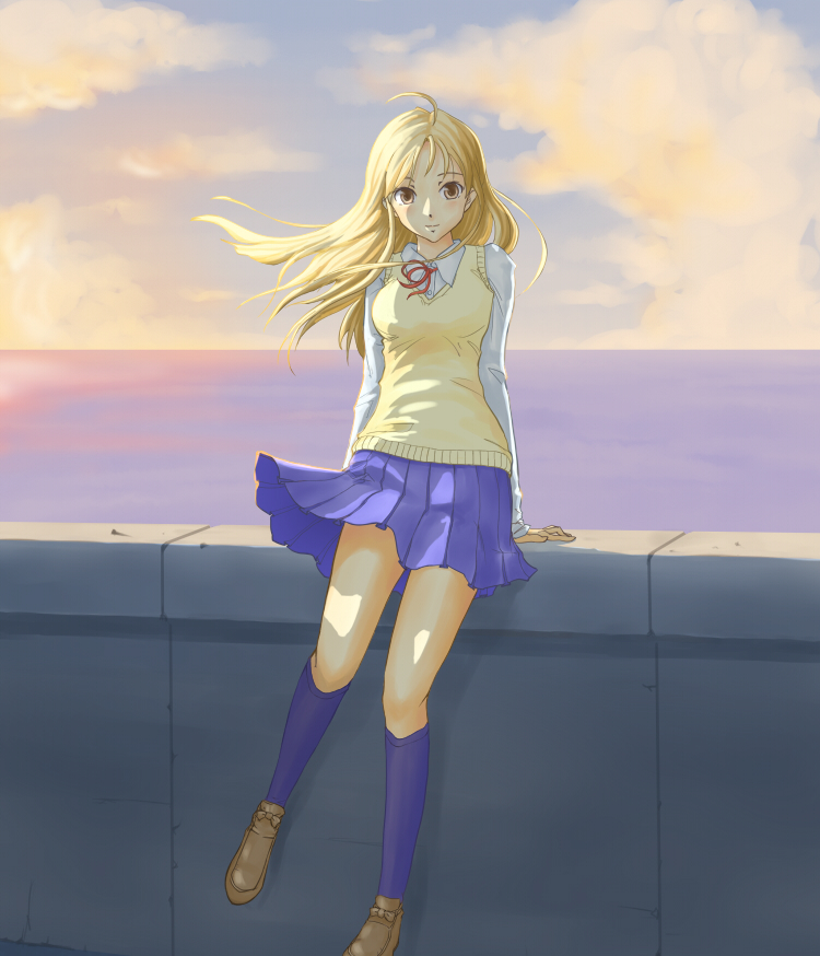 ai tama (pixiv), aidama (td1143), original, light, 1girl, ahoge, blonde hair, cloud, dusk, female focus, long hair, ocean, sitting, skirt, solo, wind, wind lift