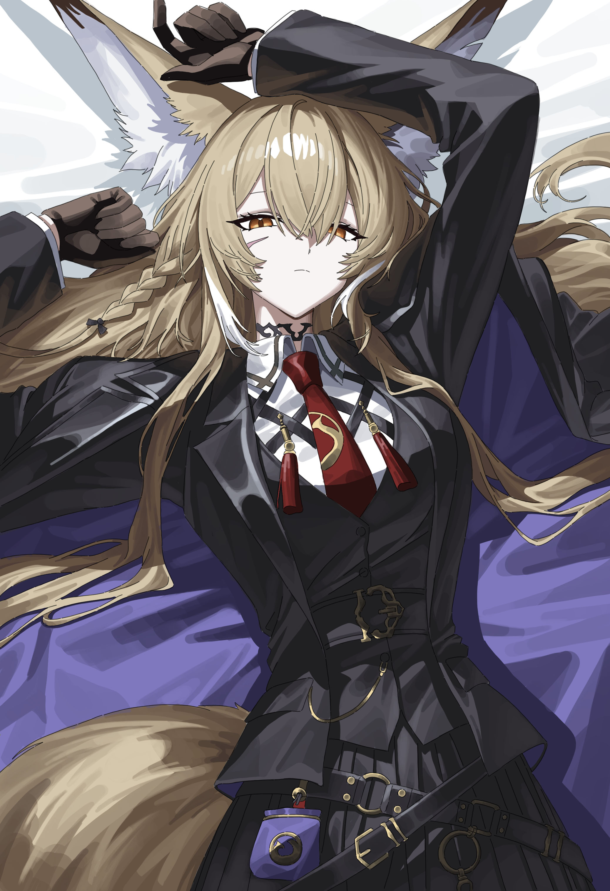 vulpisfoglia (arknights), arknights, absurdres, highres, 1girl, animal ear fluff, animal ears, arms up, belt, belt buckle, black belt, black coat, black jacket, black skirt, blazer, blonde hair, braid, brown gloves, buckle, cheong seol, closed mouth, coat, collared shirt, cowboy shot, facial scar, gloves, hair between eyes, jacket, lapels, long hair, long sleeves, looking at viewer, lying, multicolored hair, necktie, o-ring, o-ring belt, on back, pleated skirt, purple coat, red necktie, scar, scar on cheek, scar on face, shirt, skirt, solo, streaked hair, tail, tassel, two-sided coat, two-sided fabric, white hair, white shirt, yellow eyes, yellow tail