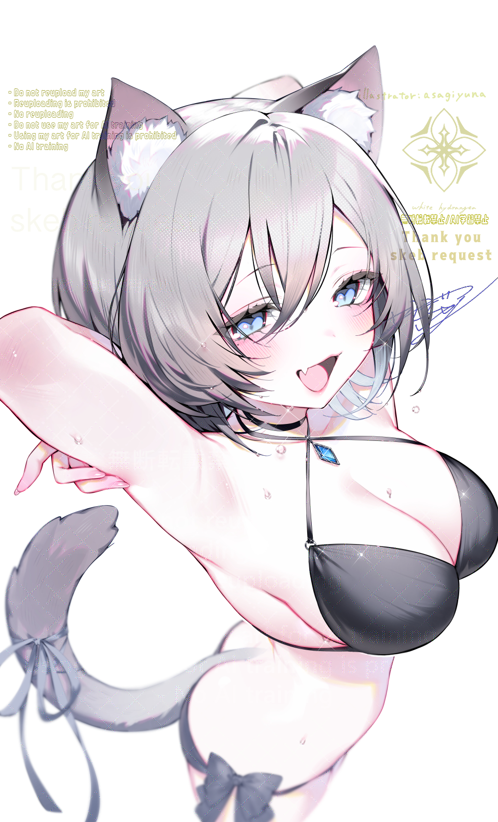 asagi yuna, original, commission, highres, skeb commission, 1girl, animal ear fluff, animal ears, armpits, arms behind head, arms up, bare shoulders, bikini, black bikini, black choker, blue eyes, breasts, cat ears, cat girl, cat tail, choker, cleavage, criss-cross halter, fang, grey hair, halterneck, large breasts, looking at viewer, open mouth, short hair, side-tie bikini bottom, simple background, smile, solo, string bikini, swimsuit, tail, wet, white background