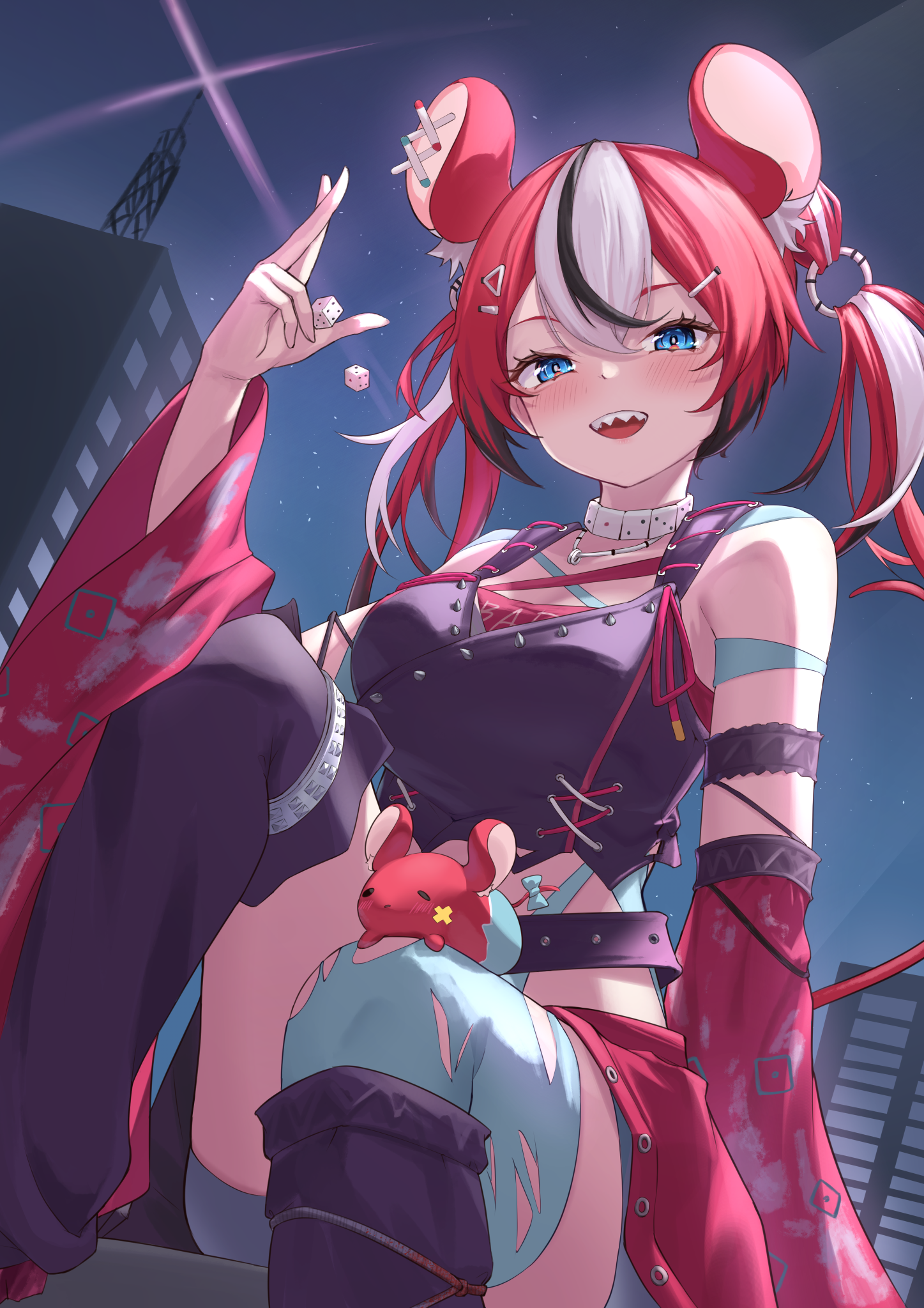 ilie ilie, hakos baelz, mr. squeaks (hakos baelz), hololive, hololive english, commentary request, highres, 1girl, :d, animal ears, asymmetrical legwear, black hair, black leg warmers, black shirt, blue eyes, blue thighhighs, breasts, colored tips, criss-cross halter, cropped shirt, crossed bangs, detached hair, detached sleeves, dice, double-parted bangs, extra ears, hair between eyes, halterneck, holding, holding dice, impossible hair, jewelry, leg warmers, looking at viewer, medium breasts, mouse ears, mouse girl, mouse tail, multicolored hair, necklace, night, official alternate costume, official alternate hairstyle, open mouth, outdoors, red hair, red sleeves, sharp teeth, shirt, single thighhigh, sitting, sleeveless, sleeveless shirt, smile, solo, streaked hair, tail, teeth, thighhighs, torn clothes, torn thighhighs, twintails, uneven legwear, virtual youtuber, white hair, wide sleeves