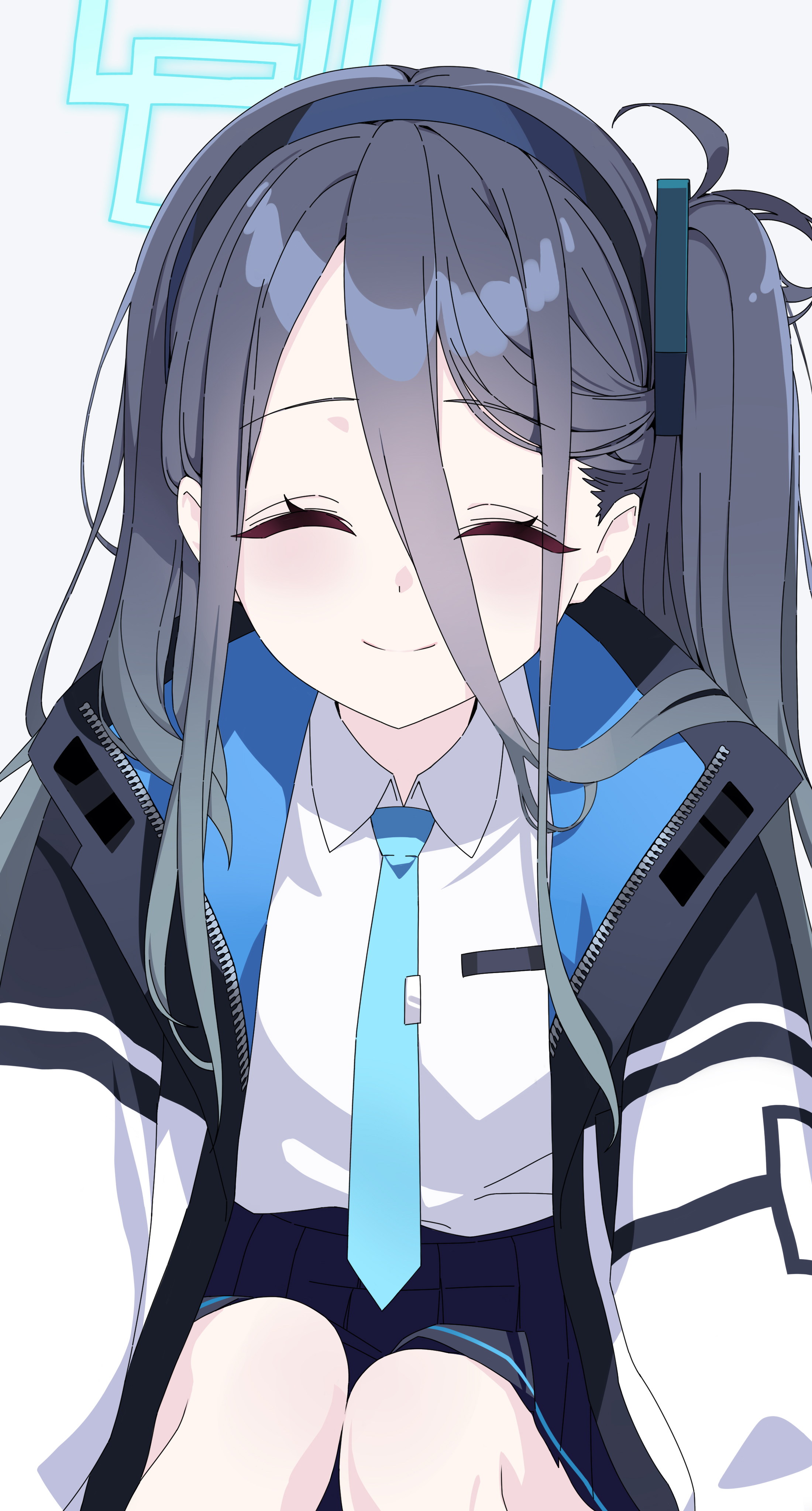 forgetf4, aris (blue archive), blue archive, absurdres, commentary, english commentary, highres, mixed-language commentary, 1girl, ^ ^, aqua halo, black hairband, black jacket, black skirt, blue jacket, blue necktie, closed eyes, closed mouth, collared shirt, facing viewer, grey background, grey hair, hair between eyes, hairband, halo, jacket, long bangs, long hair, long hair between eyes, long sidelocks, long sleeves, multicolored jacket, necktie, one side up, open clothes, open jacket, pleated skirt, rectangular halo, school uniform, shirt, sidelocks, simple background, skirt, smile, solo, tie clip, two-sided fabric, two-sided jacket, unzipped, white jacket, white shirt, zipper