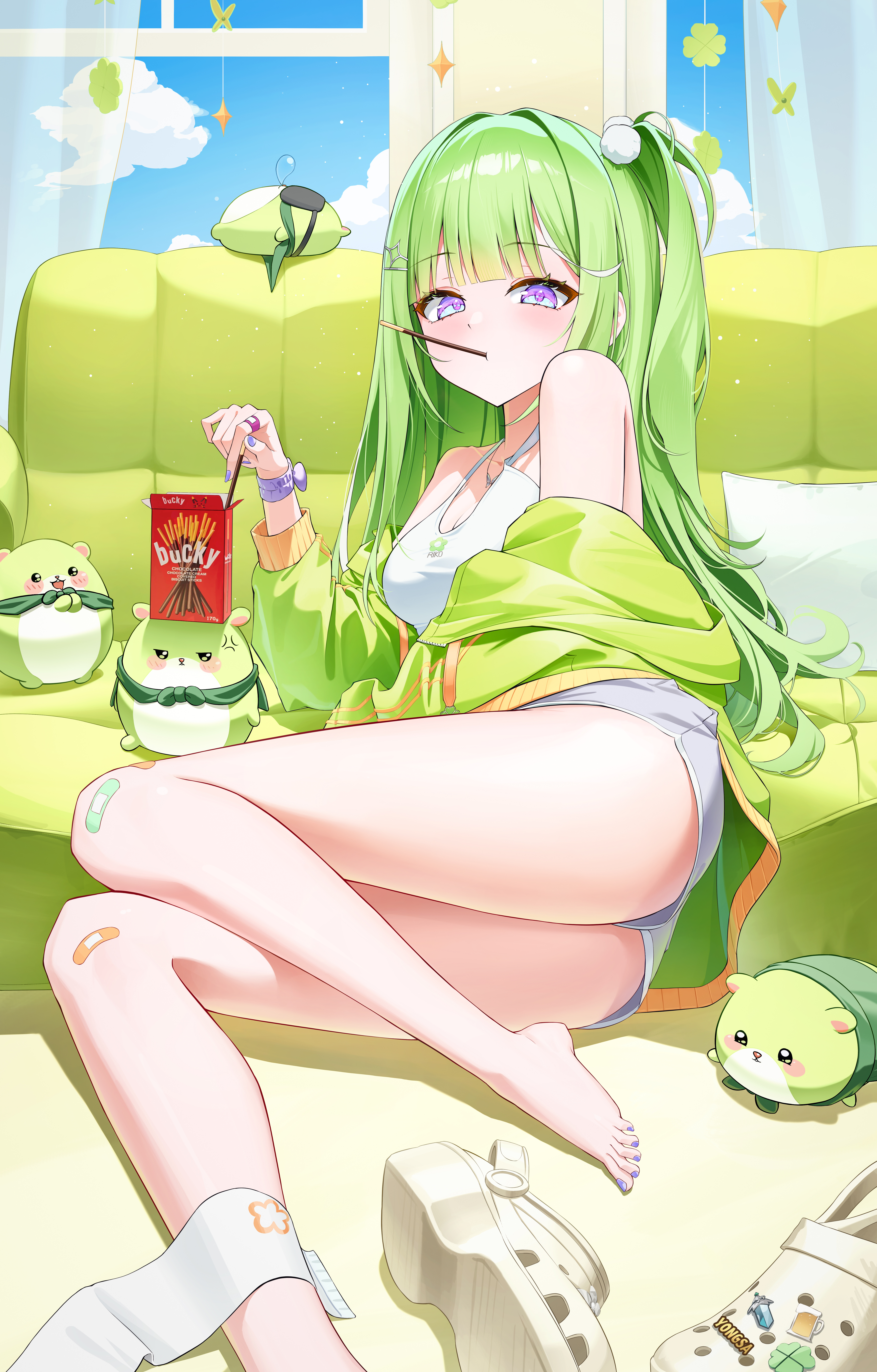tiokun7, chico (yuzuha riko), yuzuha riko, stellive, absurdres, highres, 1girl, ass, bandaid, bandaid on knee, bandaid on leg, bare legs, bare shoulders, brand name imitation, couch, crocs, food, green hair, green jacket, grey shorts, jacket, long hair, looking at viewer, lying, mouth hold, off shoulder, official alternate costume, on side, one side up, pocky, purple eyes, reclining, shirt, short shorts, shorts, sleeveless, sleeveless shirt, solo, thighs, toes, virtual youtuber, white shirt