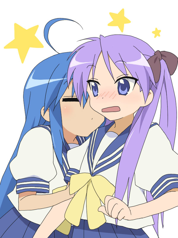 yuuya (musaishoku), hiiragi kagami, izumi konata, lucky star, bad id, bad pixiv id, 00s, 2girls, ahoge, blue eyes, blue hair, blush, closed eyes, hair ribbon, long hair, multiple girls, purple hair, ribbon, school uniform, serafuku, simple background, very long hair, white background, yuri