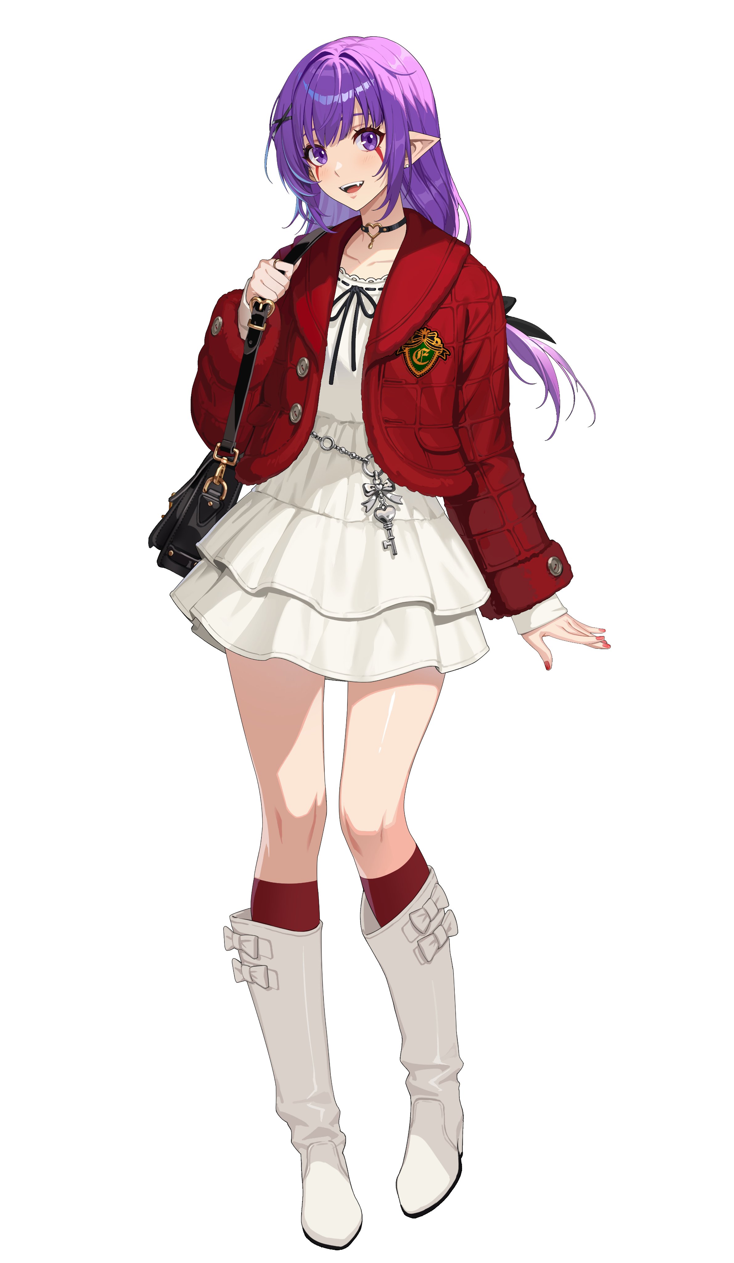 esil radiru, solo leveling, solo leveling: arise, absurdres, highres, official art, 1girl, bag, black bag, black choker, boots, choker, dress, full body, heart, heart choker, jacket, knee boots, long hair, looking at viewer, official alternate costume, open clothes, open jacket, open mouth, pointy ears, purple eyes, purple hair, red jacket, shoulder bag, simple background, solo, teeth, upper teeth only, white background, white boots, white dress