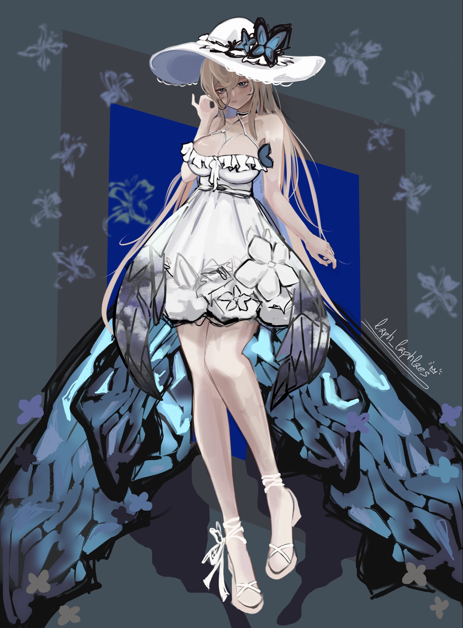 laph laphlaes, aponia, aponia (mesmerizing blue), honkai (series), honkai impact 3rd, highres, 1girl, bare shoulders, blonde hair, blue eyes, breasts, cleavage, colorful background, dress, full body, hat, large breasts, long hair, official alternate costume, sandals, solo, sun hat, sundress, white dress, white hat