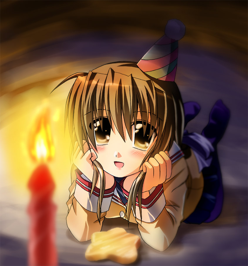 otoki raku, ibuki fuuko, clannad, 00s, brown eyes, brown hair, candle, hat, school uniform, solo, starfish