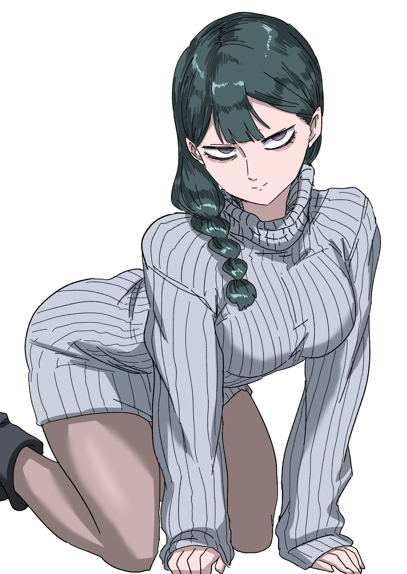 nasu (ilo a5), ashei, nintendo, the legend of zelda, the legend of zelda: twilight princess, highres, 1girl, black hair, braid, breasts, closed mouth, feet out of frame, long hair, looking at viewer, pantyhose, simple background, single braid, solo, striped clothes, striped sweater, sweater, white background