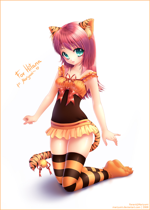 mariyumi, original, 00s, 1girl, 2008, animal ears, artist name, bell, blue eyes, bow, cat ears, dated, female focus, jingle bell, lipstick, long hair, looking at viewer, makeup, miniskirt, purple hair, ribbon, simple background, skirt, solo, straight hair, striped clothes, striped thighhighs, tail, thighhighs, tiger ears, tiger tail, watermark, web address, white background, zettai ryouiki