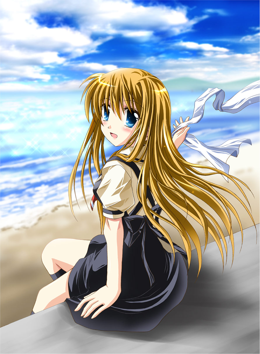 otoki raku, kamio misuzu, air (visual novel), highres, 00s, 1girl, beach, blonde hair, blue eyes, cloud, day, female focus, long hair, ocean, outdoors, school uniform, sky, solo