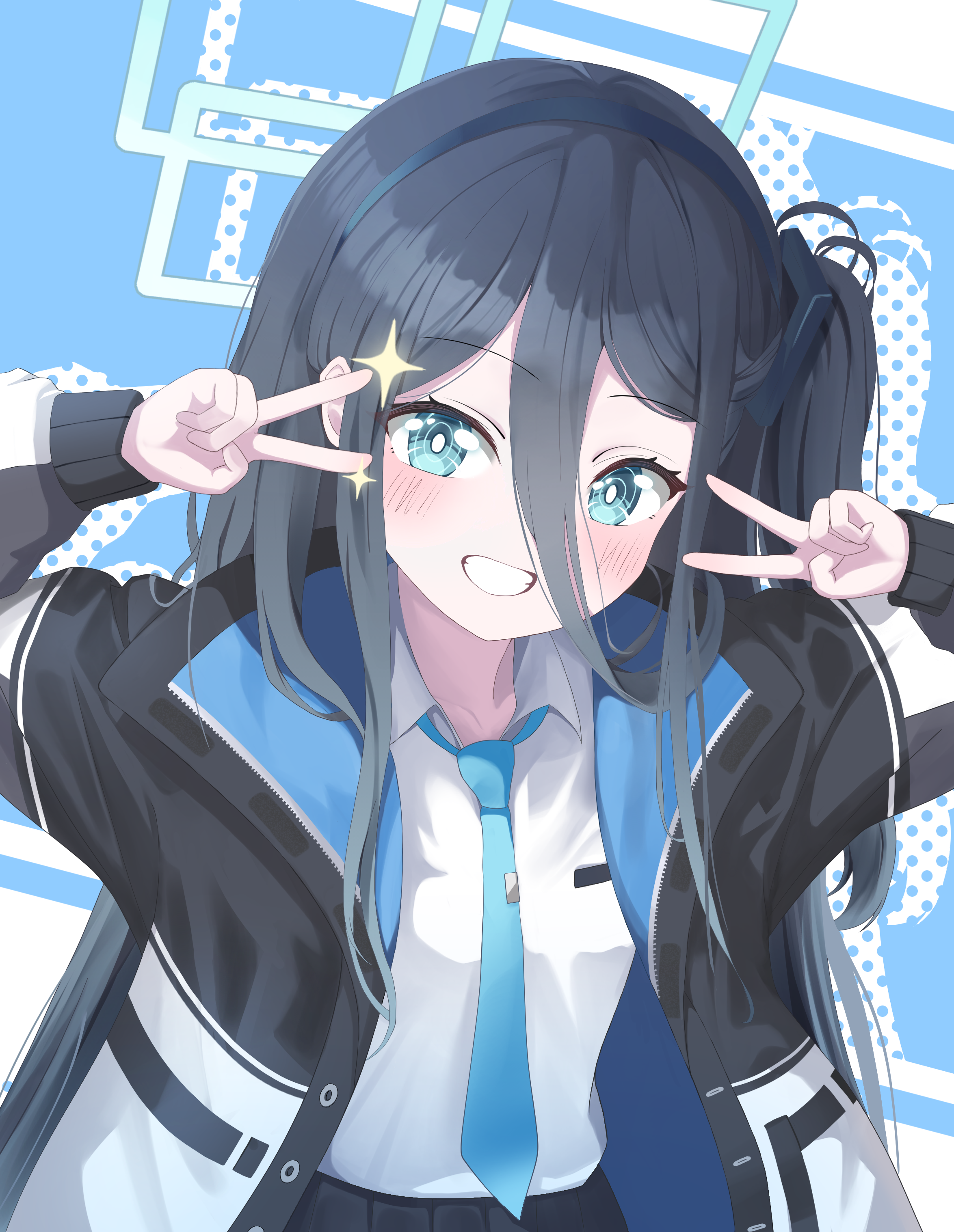 tagi (dltjdgh2010), aris (blue archive), blue archive, absurdres, commentary, highres, redrawn, 1girl, aqua eyes, aqua halo, black hair, black jacket, black skirt, blue background, blue jacket, blue necktie, blush, breasts, bright pupils, collared shirt, double-parted bangs, double v, drop shadow, grin, hair between eyes, halo, hands up, jacket, long bangs, long hair, long hair between eyes, long sidelocks, long sleeves, looking at viewer, multicolored jacket, necktie, one side up, open clothes, open jacket, pleated skirt, polka dot, polka dot background, polka dot shadow, puffy long sleeves, puffy sleeves, rectangular halo, ringed eyes, school uniform, shirt, sidelocks, skirt, small breasts, smile, solo, sparkle, tie clip, two-sided fabric, two-sided jacket, two-tone background, upper body, v, v over eye, very long hair, white background, white jacket, white pupils, white shirt