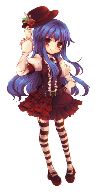 kirero, hinanawi tenshi, touhou, 1girl, blue hair, female focus, frills, garter belt, hat, long hair, solo, striped clothes, striped thighhighs, thighhighs