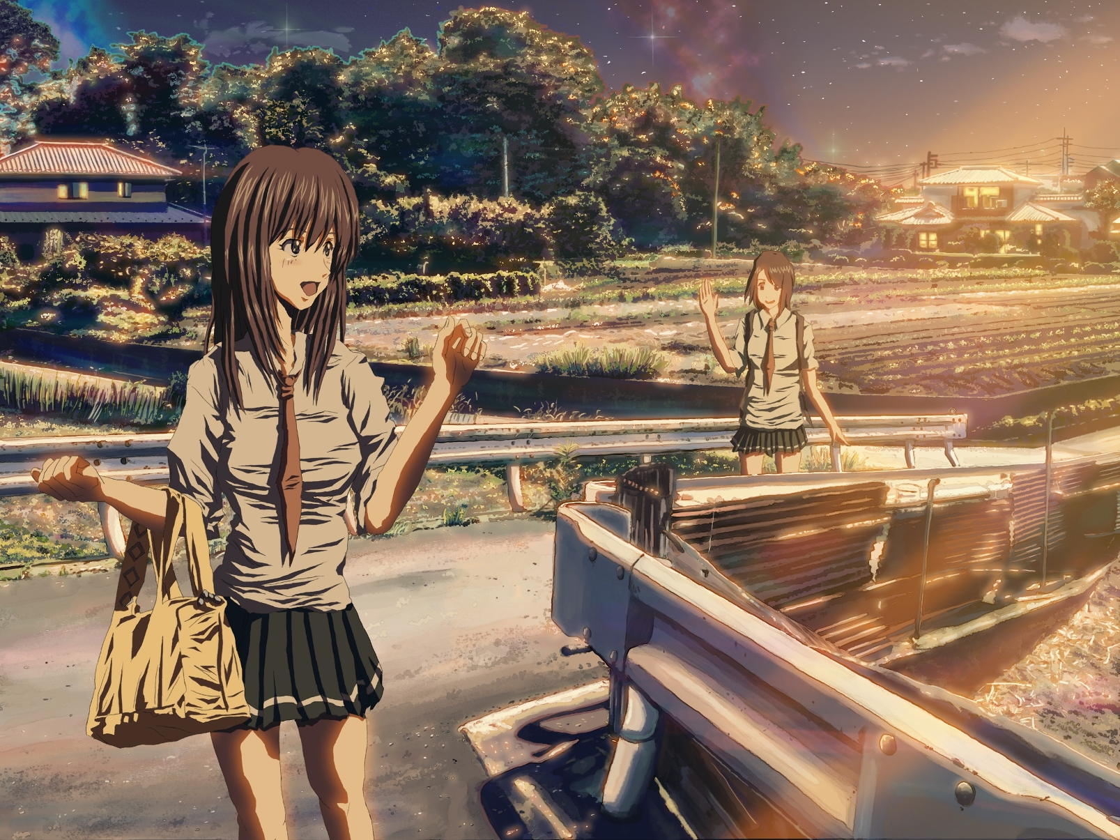 houjou takasi, original, light, highres, brown hair, light rays, necktie, scenery, skirt, star (symbol), sunbeam, sunlight