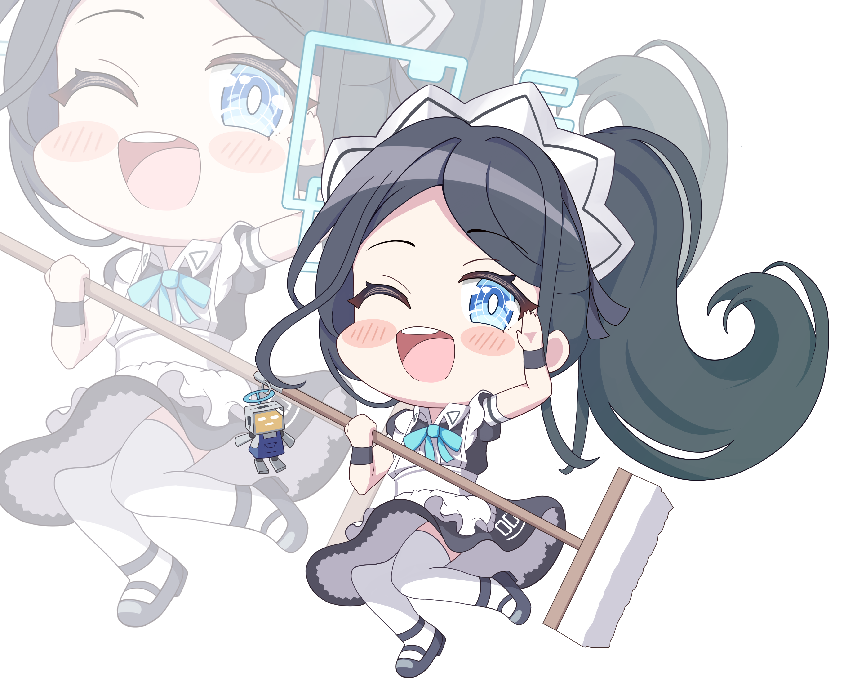 tagi (dltjdgh2010), aris (blue archive), aris (maid) (blue archive), kei (robot) (blue archive), blue archive, absurdres, commentary, highres, 1girl, ;d, apron, aqua halo, aqua ribbon, arm up, black dress, black hair, black shoes, black wrist cuffs, blue eyes, blush stickers, bright pupils, chibi, chibi only, collared dress, contrast collar, dress, floating hair, frilled apron, frills, full body, halo, holding, holding mop, long hair, looking at viewer, maid, maid apron, maid headdress, mary janes, mop, neck ribbon, number print, official alternate costume, official alternate hairstyle, one eye closed, open mouth, parted bangs, ponytail, puffy short sleeves, puffy sleeves, rectangular halo, ribbon, ringed eyes, shoes, short sleeves, sidelocks, simple background, smile, solo, teeth, thighhighs, upper teeth only, very long hair, white apron, white background, white headdress, white pupils, white thighhighs, wrist cuffs, zoom layer