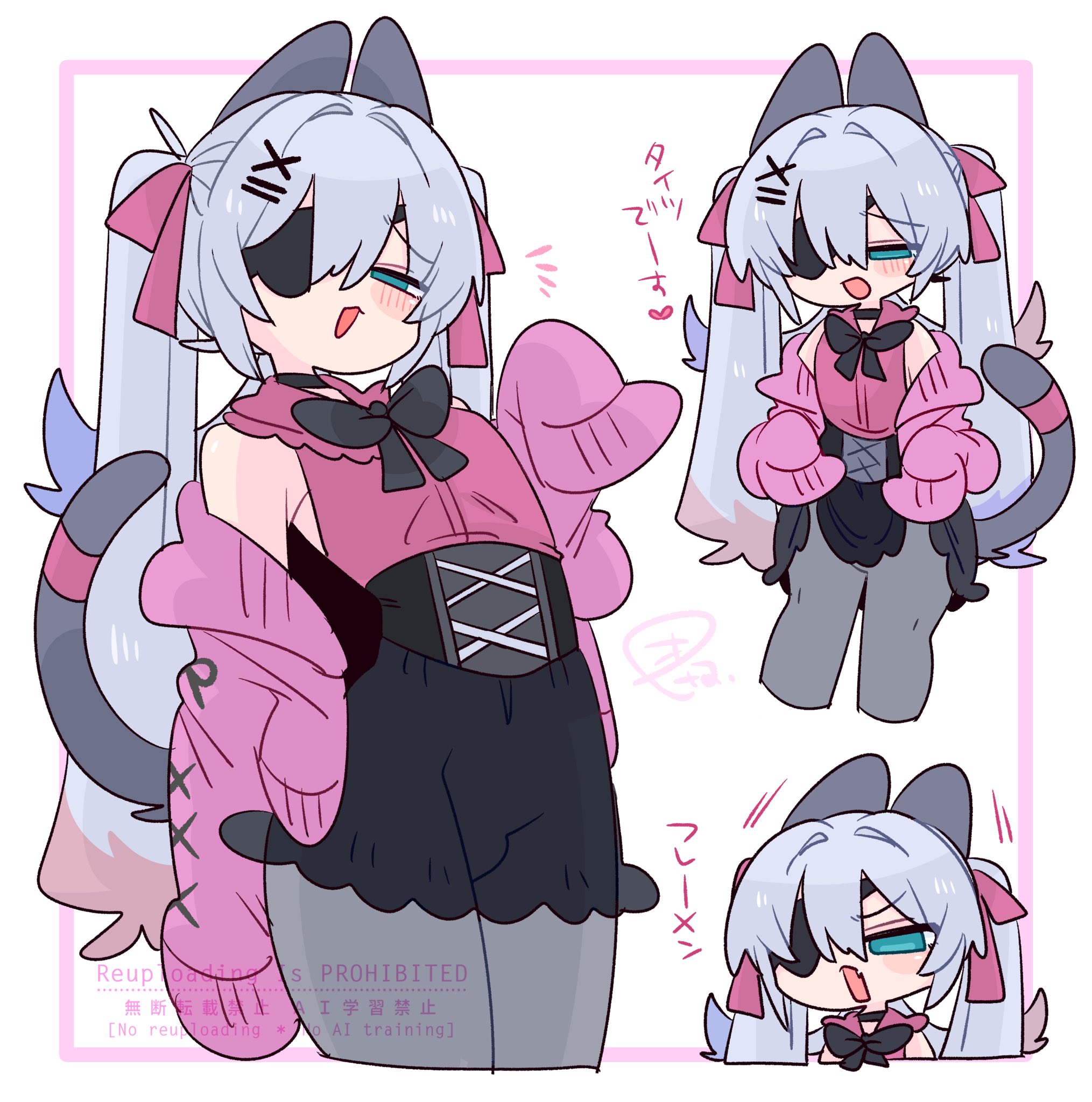 op na yarou, original, commentary, highres, translated, 1boy, :d, angry, animal ears, bare shoulders, black bow, black bowtie, black choker, black corset, black skirt, blue eyes, blue hair, blush, bow, bowtie, bulge, cardigan, cat boy, cat ears, cat tail, chibi, choker, clothes grab, collar, colored tips, corset, cowboy shot, crossdressing, crossdressing (mtf), double-parted bangs, eyepatch, fang, feet out of frame, flipped hair, frilled collar, frills, from below, grey pantyhose, grey tail, hair between eyes, hair bow, hair intakes, hair ornament, hand up, heart, long hair, long sleeves, male focus, multicolored hair, multiple views, narrowed eyes, no nose, no pupils, off shoulder, one eye covered, open cardigan, open clothes, open mouth, pantyhose, pink bow, pink cardigan, pink ribbon, pink shirt, portrait, quad tails, raised inner eyebrows, red hair, ribbon, rigel (op na yarou), see-through clothes, see-through skirt, shirt, sidelocks, simple background, skin fang, skirt, sleeveless, sleeveless shirt, sleeves past fingers, sleeves past wrists, smile, standing, straight hair, tail, tail ornament, tail ribbon, teasing, trap, v-shaped eyebrows, very long hair, watermark, white background, white hair, x hair ornament