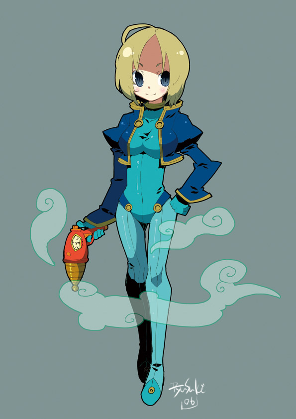 tagme, blonde hair, blue theme, costume, gun, smoke, solo, weapon