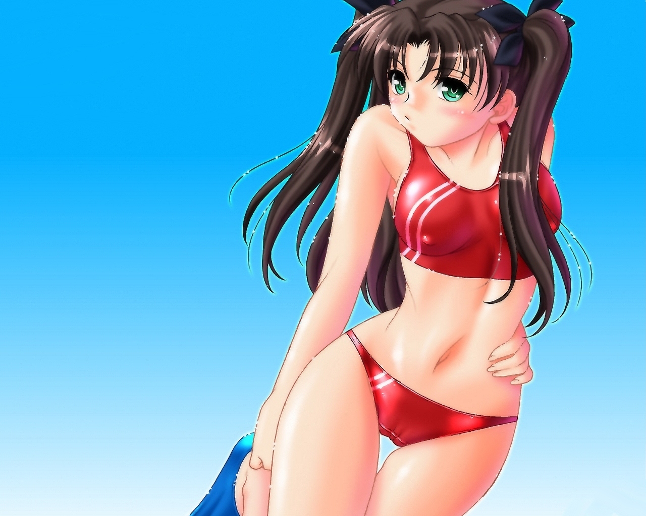 tohsaka rin, fate/stay night, fate (series), jpeg artifacts, non-web source, 00s, 1girl, bikini, breasts, brown hair, cameltoe, competition swimsuit, covered erect nipples, female focus, flippers, green eyes, hip focus, long hair, medium breasts, navel, one-piece swimsuit, solo, sports bikini, swimsuit, thigh gap, thighs, twintails, two side up, wet, wide hips