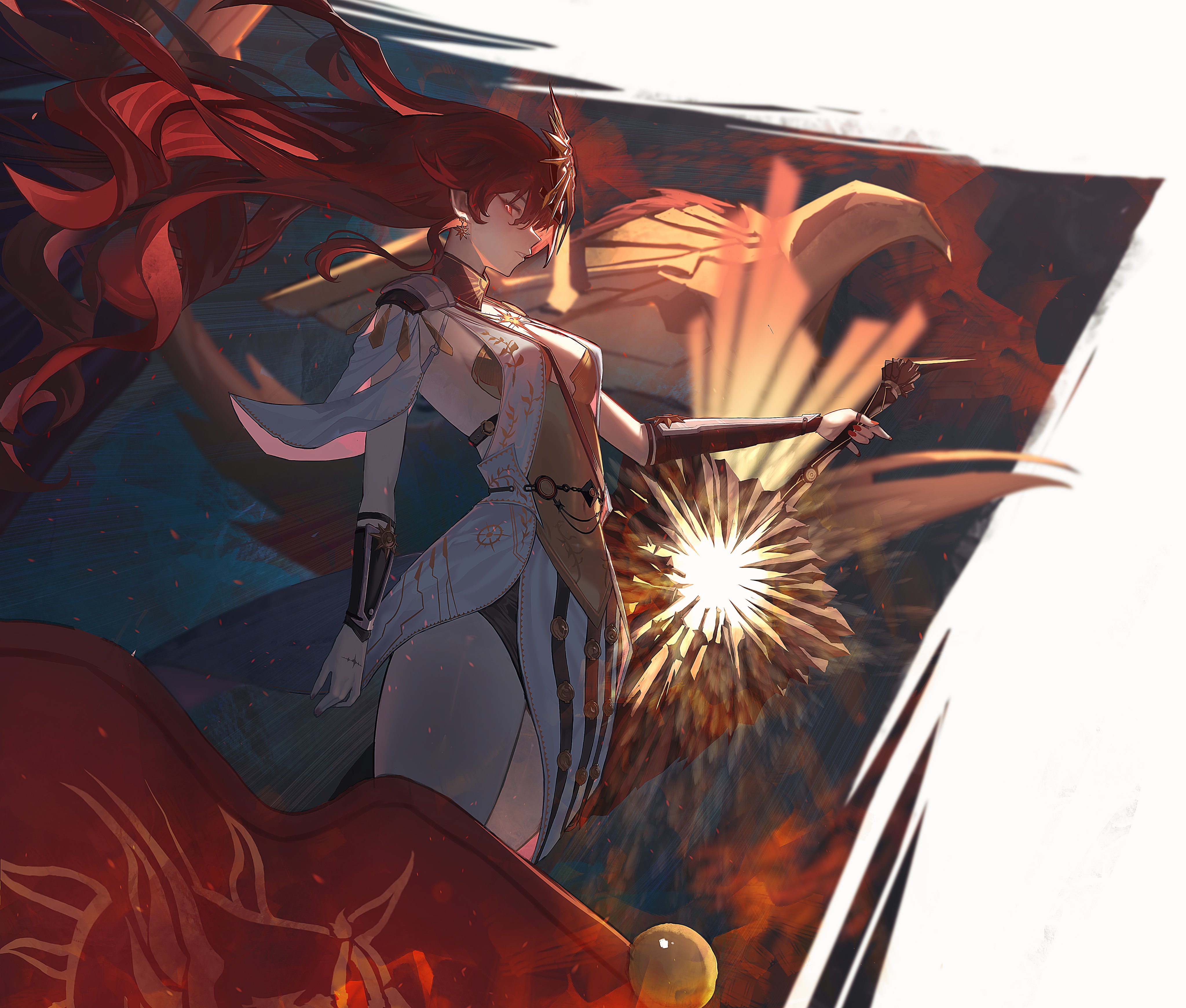 dkyung004, augusta (wuthering waves), wuthering waves, absurdres, highres, 1girl, ancient greek clothes, arm armor, armor, bird, earrings, glowing, glowing eyes, greco-roman clothes, jewelry, long hair, orange hair, solo, sun earrings, sun necklace