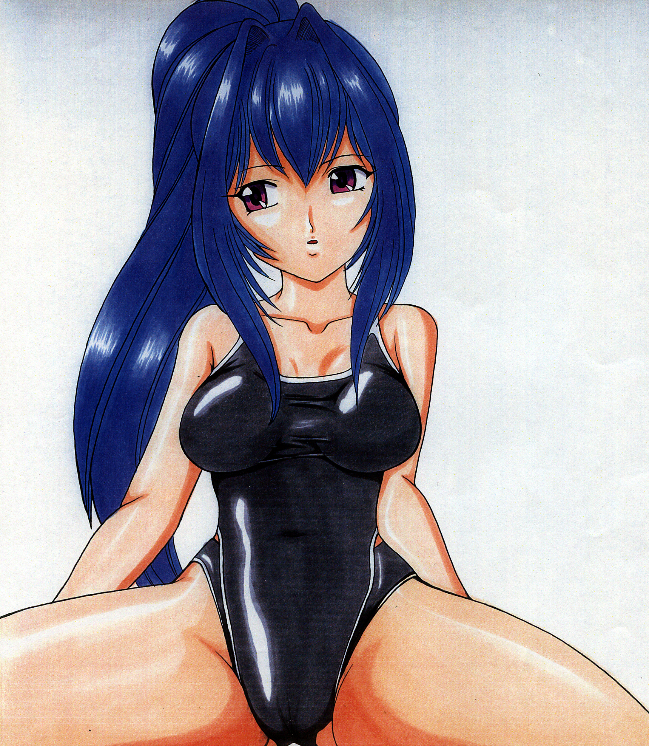 takamichi nantoka, hayase mitsuki, kimi ga nozomu eien, absurdres, bad id, bad pixiv id, highres, 00s, blue hair, competition swimsuit, long hair, one-piece swimsuit, ponytail, red eyes, solo, spread legs, swimsuit
