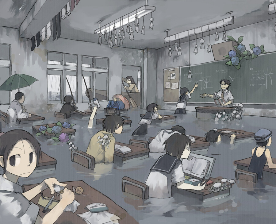 gregorius yamada, original, 4girls, 6+boys, animal, bento, boat, brown eyes, brown hair, canoe, chalkboard, chopsticks, classroom, deluge, desk, fishing rod, flood, flower, food, hydrangea, indoors, multiple boys, multiple girls, mushroom, one-piece swimsuit, pencil, rain, school, school desk, school swimsuit, school uniform, shark, short hair, snail, socks, speaker, surreal, swimsuit, teruterubouzu, tissue, umbrella, wading, water, watercraft, what